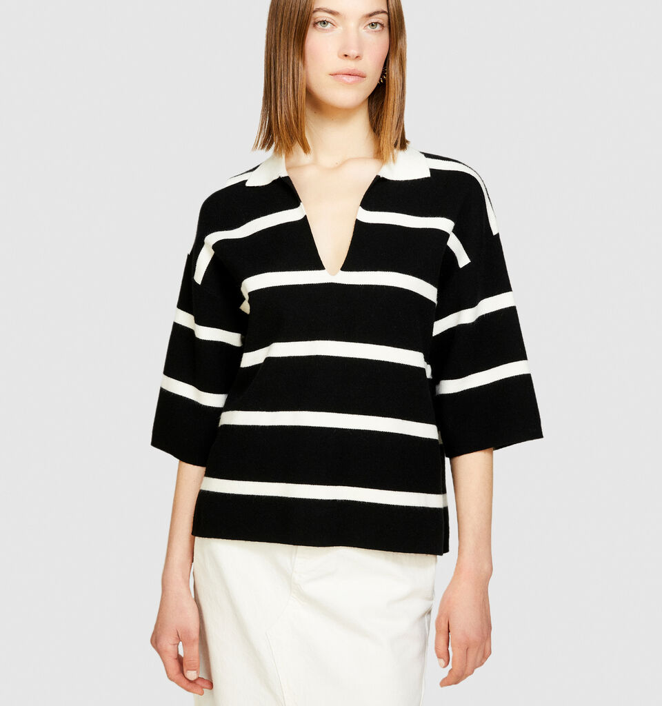 Striped maxi polo - women's v-neck sweaters - Black | Sisley image number 4